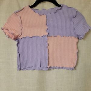 SHEIN Lilac and Peach Colorblock Short Sleeve Top